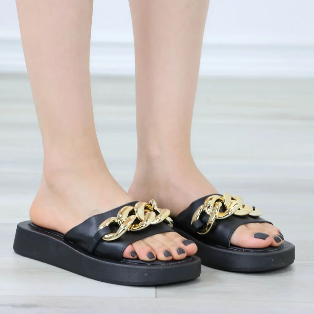 Black Slide Chunky Sandals Gold Chain Thick Sole Slip-On Casual Chic